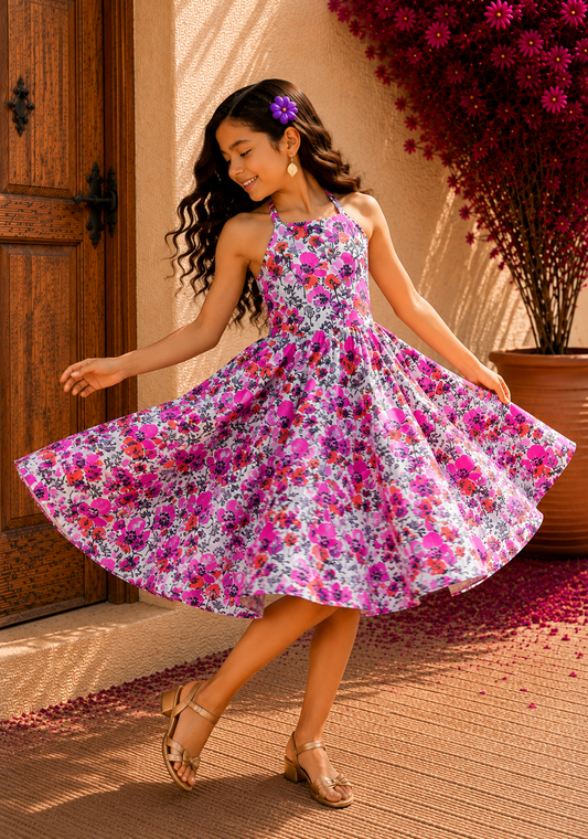 Girls White & Gray Cotton Frock | Multicolor Floral Print Dress