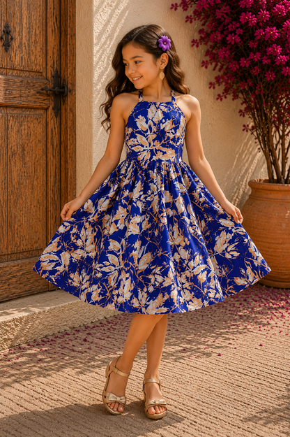 Girls’ Royal Blue Frock | Cream & Beige Cotton Botanical Dress