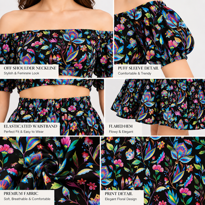 Tropical Floral Crop Top & Skirt Set for Women | Black Cotton Co-Ord