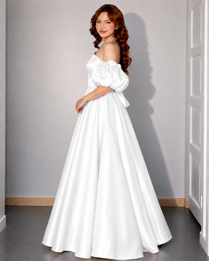 Women’s White Satin Off-Shoulder Puff Sleeve Flared Maxi Gown