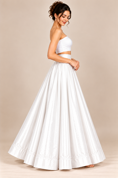 Women’s White Glass Satin Flared Maxi Skirt | High-Waist Pleated Full-Length Party Wear Skirt