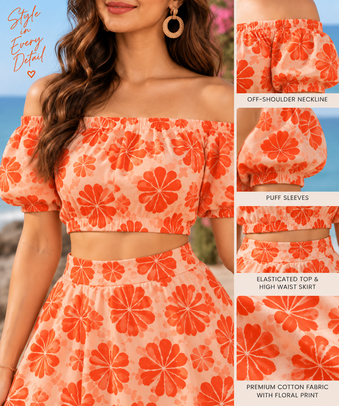 Peach Orange Geometric Floral Crop Top & Skirt Set | Cotton Co-Ord