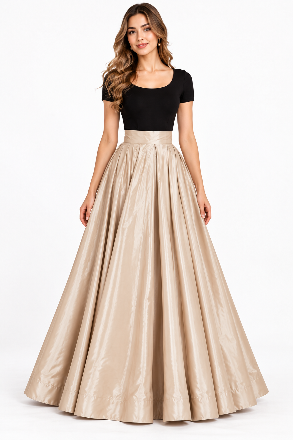 Women’s Champagne Beige Glass Satin Flared Maxi Skirt | High-Waist, Full-Length, Elegant Party Wear Skirt