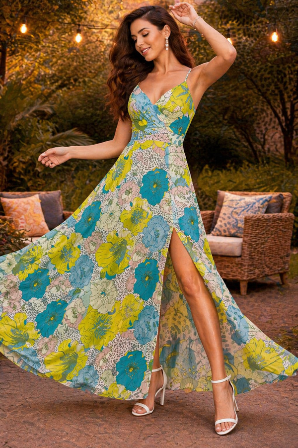 Tropical Bloom Floral Slit Maxi Dress for Women