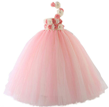 Baby Pink Floral One-Shoulder Tulle Party Dress for Girls