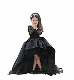 Girls Black High-Low Princess Gown with Full Sleeves & Layered Party Wear Design