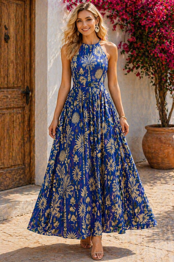 Women’s Royal Blue Floral Halter Neck Maxi Dress