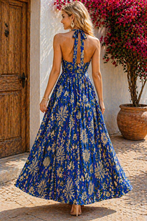 Women’s Royal Blue Floral Halter Neck Maxi Dress