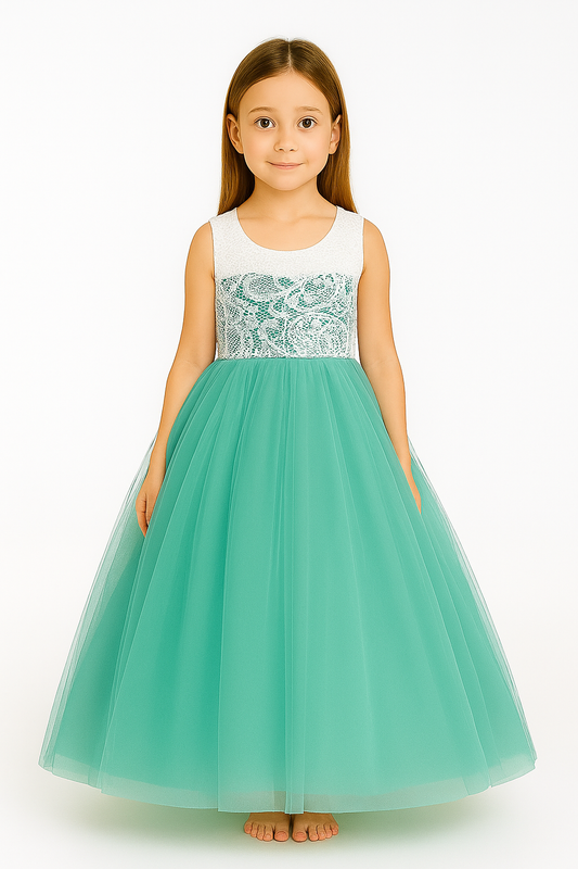 Girls Mint Green & White Lace Princess Gown