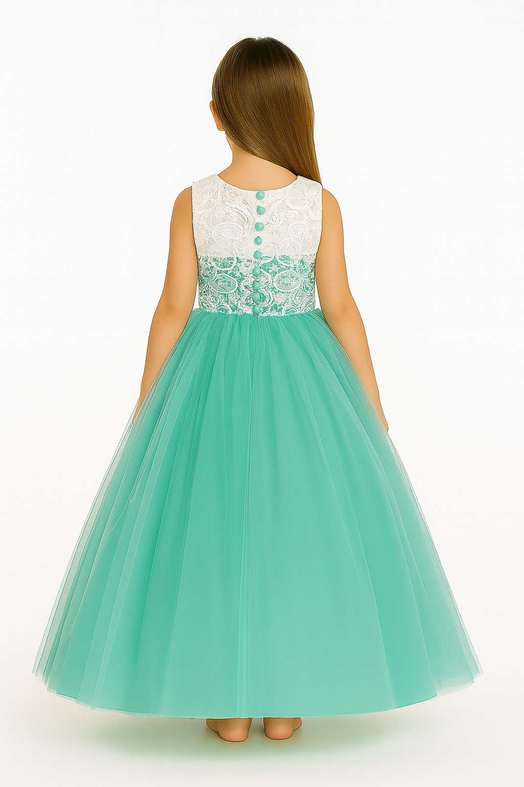 Girls Mint Green & White Lace Princess Gown