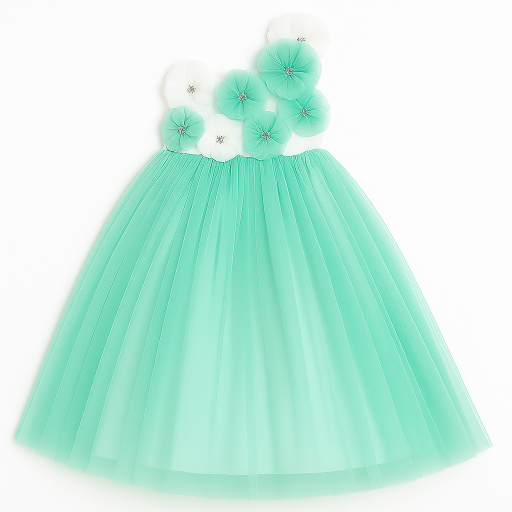 Mint Green One-Shoulder Floral Tulle Dress for Girls