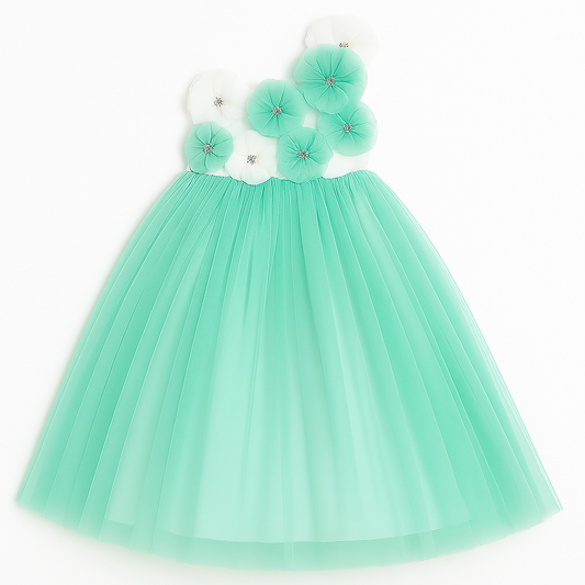 Mint Green One-Shoulder Floral Tulle Dress for Girls
