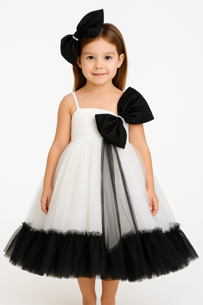 Girls White & Black Bow Party Dress with Tulle Flare