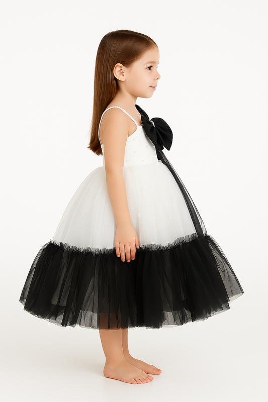Girls White & Black Bow Party Dress with Tulle Flare