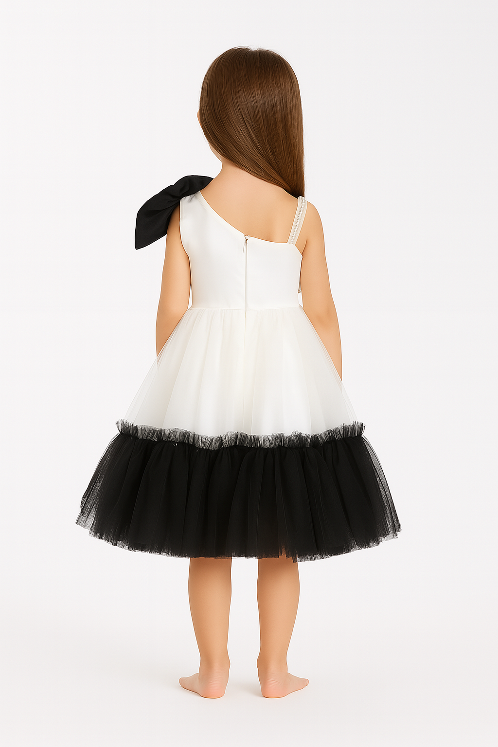 Girls White & Black Bow Party Dress with Tulle Flare