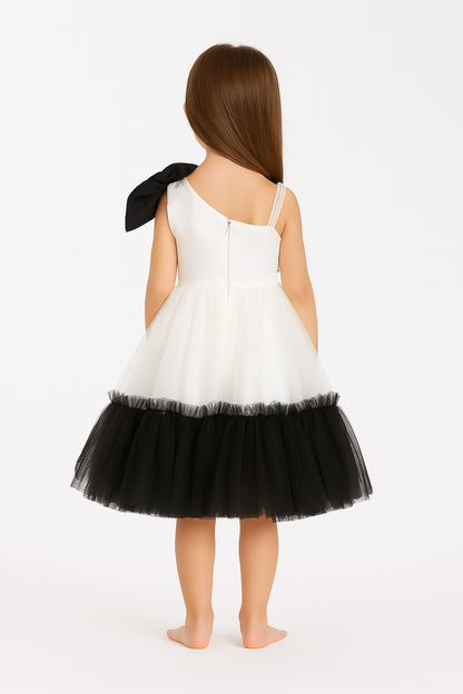 Girls White & Black Bow Party Dress with Tulle Flare
