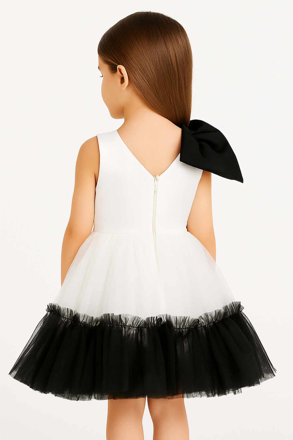 Girls White & Black Bow Party Dress with Tulle Flare