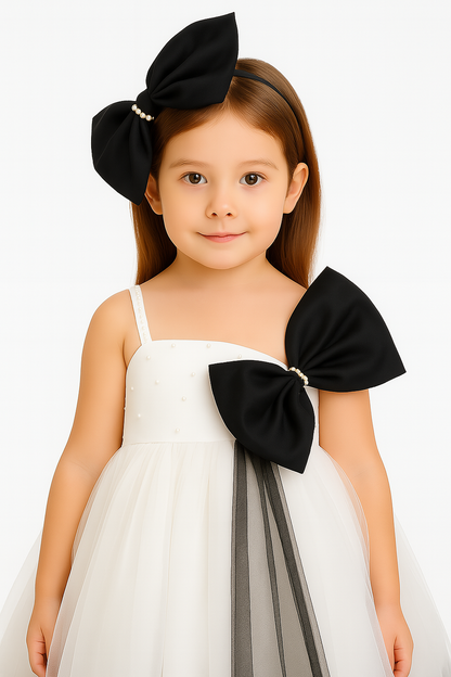 Girls White & Black Bow Party Dress with Tulle Flare