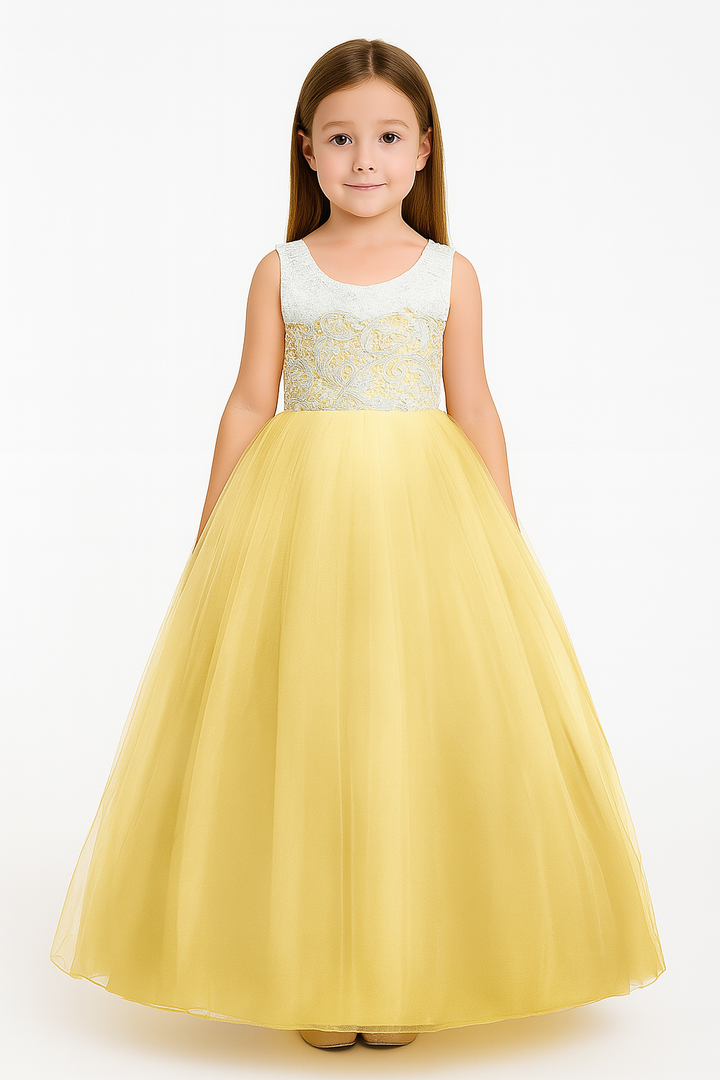 Pastel Yellow Embroidered Princess Ball Gown for Girls