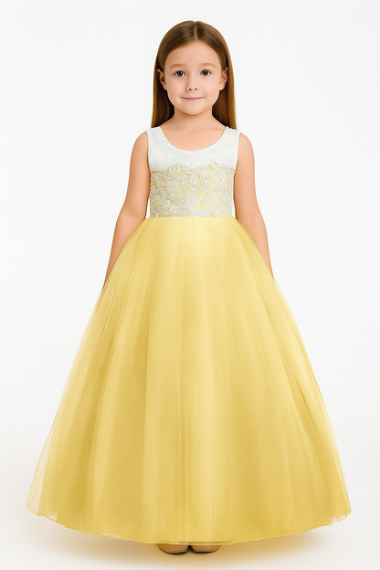 Pastel Yellow Embroidered Princess Ball Gown for Girls