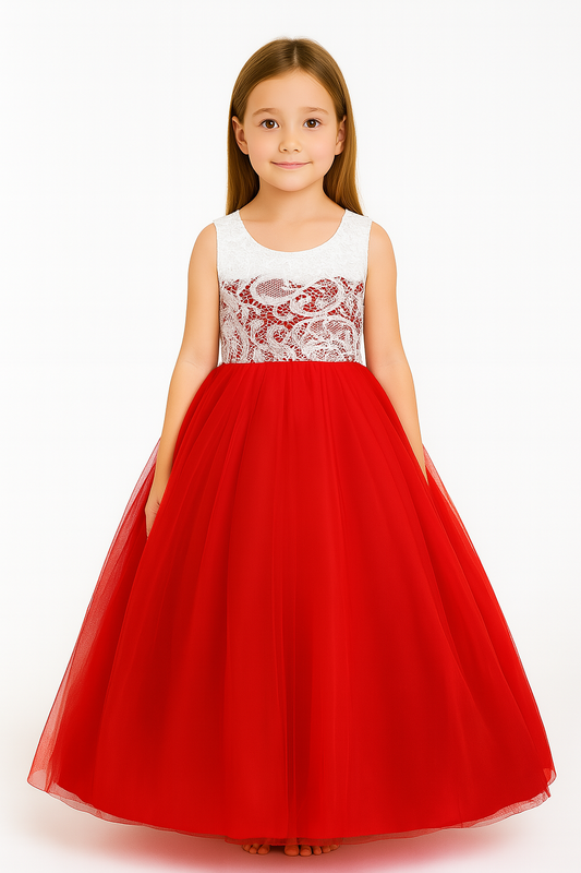 Girls Red & White Lace Princess Party Gown