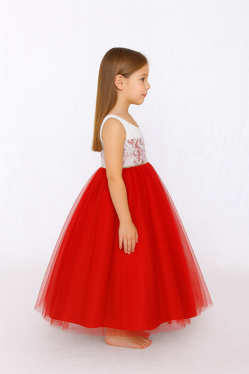 Girls Red & White Lace Princess Party Gown