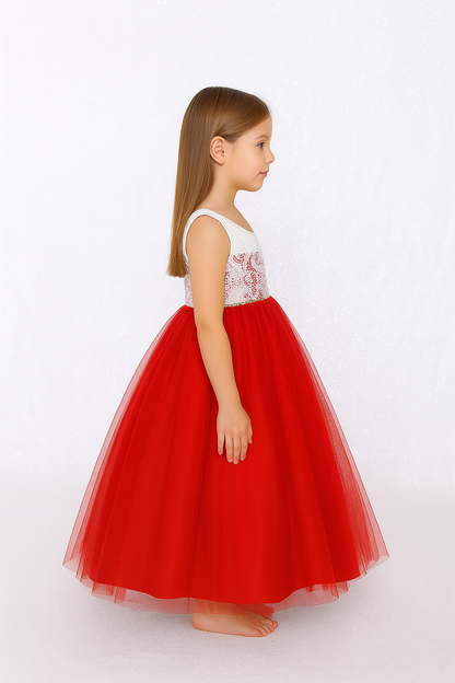 Girls Red & White Lace Princess Party Gown