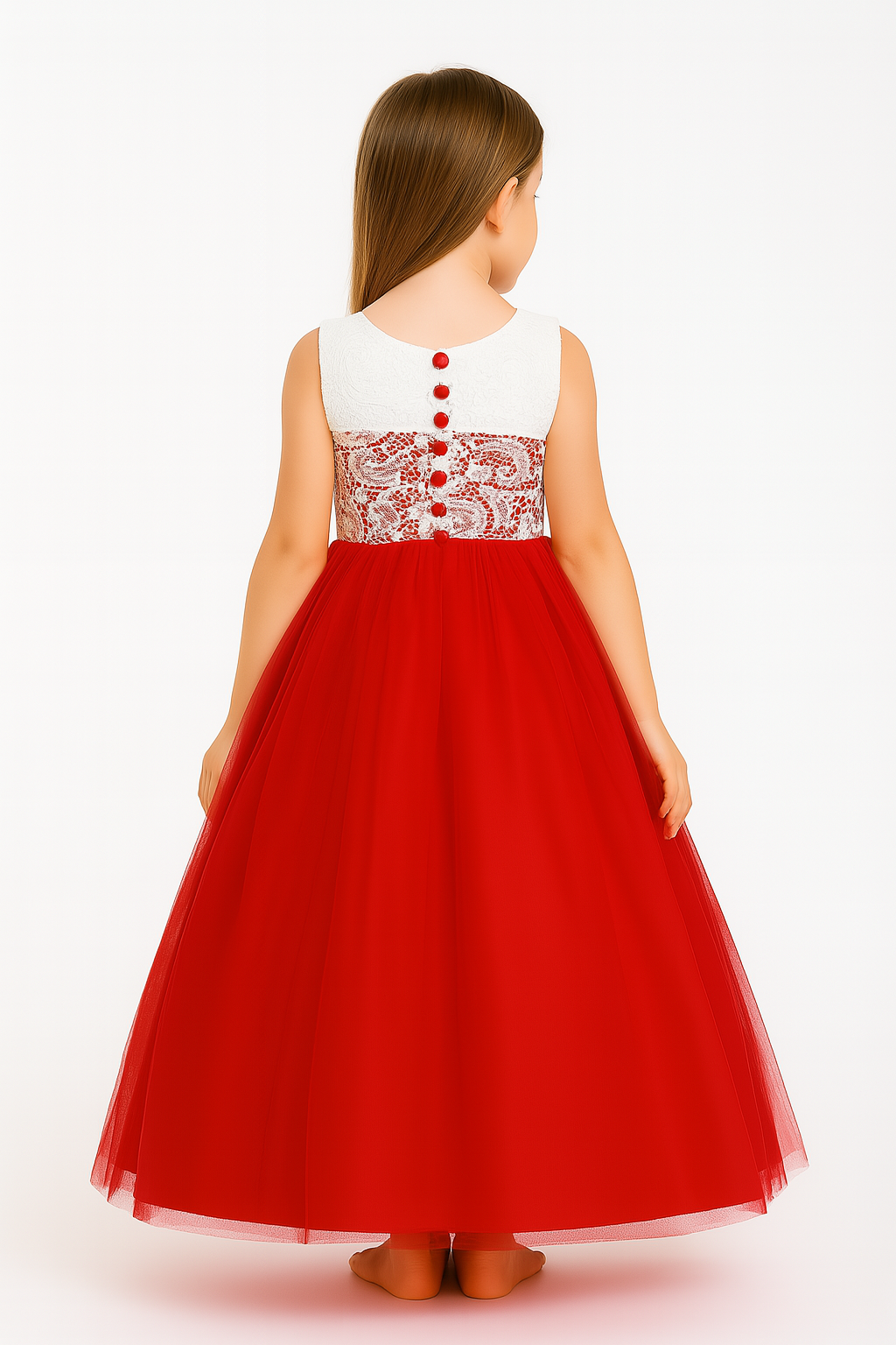 Girls Red & White Lace Princess Party Gown