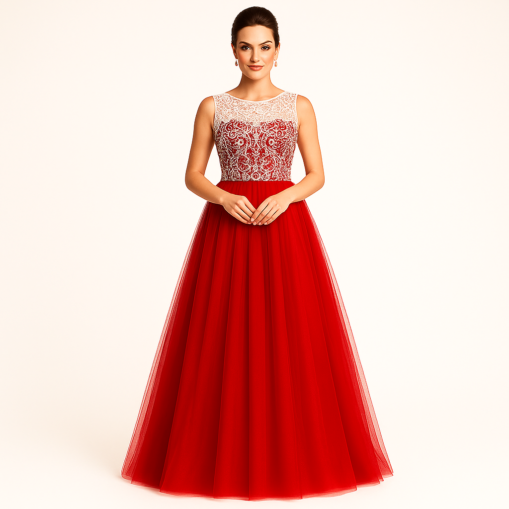 Elegant Women Net Fit & Flare Maxi Dress – Layered Tulle Party & Evening Gown red