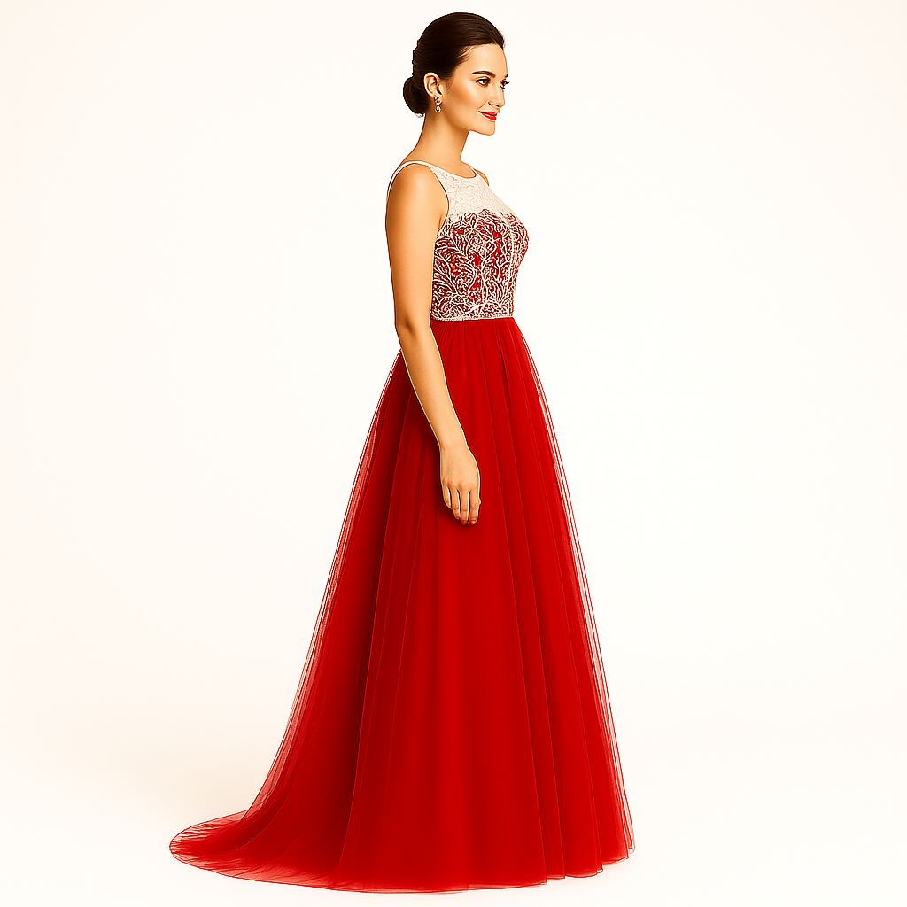 Elegant Women Net Fit & Flare Maxi Dress – Layered Tulle Party & Evening Gown red