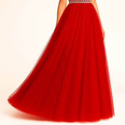 Elegant Women Net Fit & Flare Maxi Dress – Layered Tulle Party & Evening Gown red