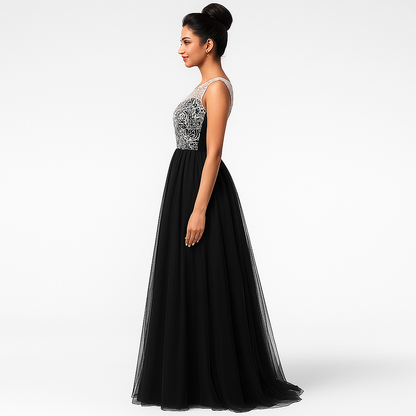 Elegant Women Net Fit & Flare Maxi Dress – Layered Tulle Party & Evening Gown black