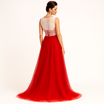Elegant Women Net Fit & Flare Maxi Dress – Layered Tulle Party & Evening Gown red