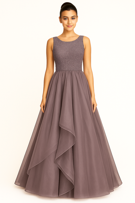 Elegant Women Embellished Sequined Boat Neck Net Fit & Flare Maxi Dress – Party & Evening monochrome Gown