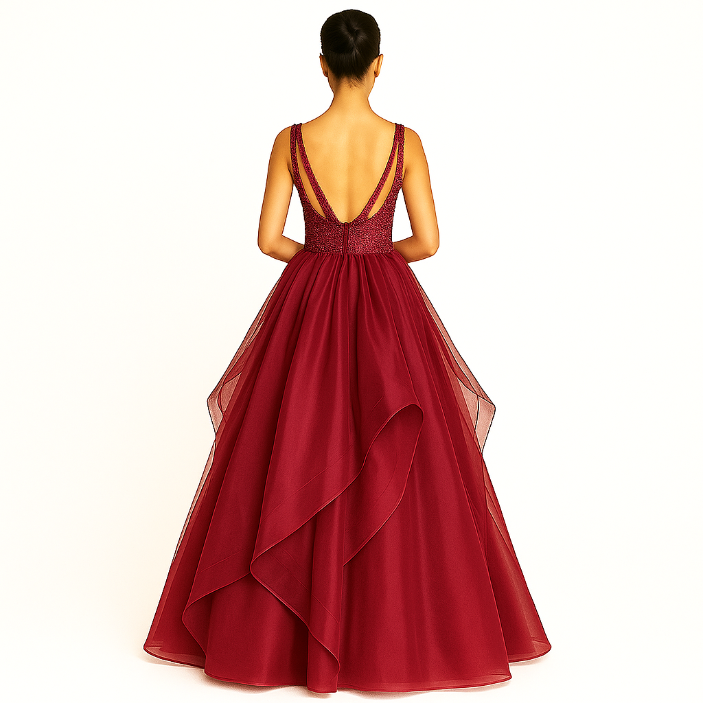Elegant Women Embellished Sequined Boat Neck Net Fit & Flare Maxi Dress – Party & Evening Gown red