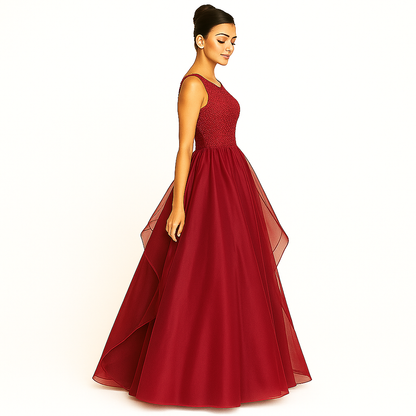 Elegant Women Embellished Sequined Boat Neck Net Fit & Flare Maxi Dress – Party & Evening Gown red