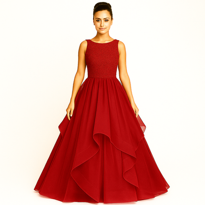 Elegant Women Embellished Sequined Boat Neck Net Fit & Flare Maxi Dress – Party & Evening Gown red