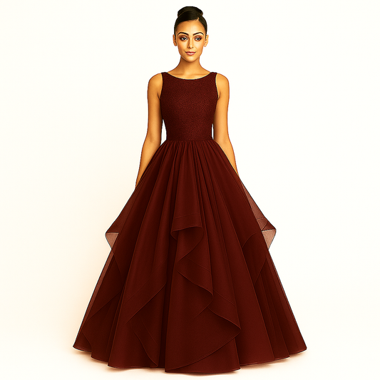Elegant Women Embellished Sequined Boat Neck Net Fit & Flare Maxi Dress – Party & Evening Gown maroon