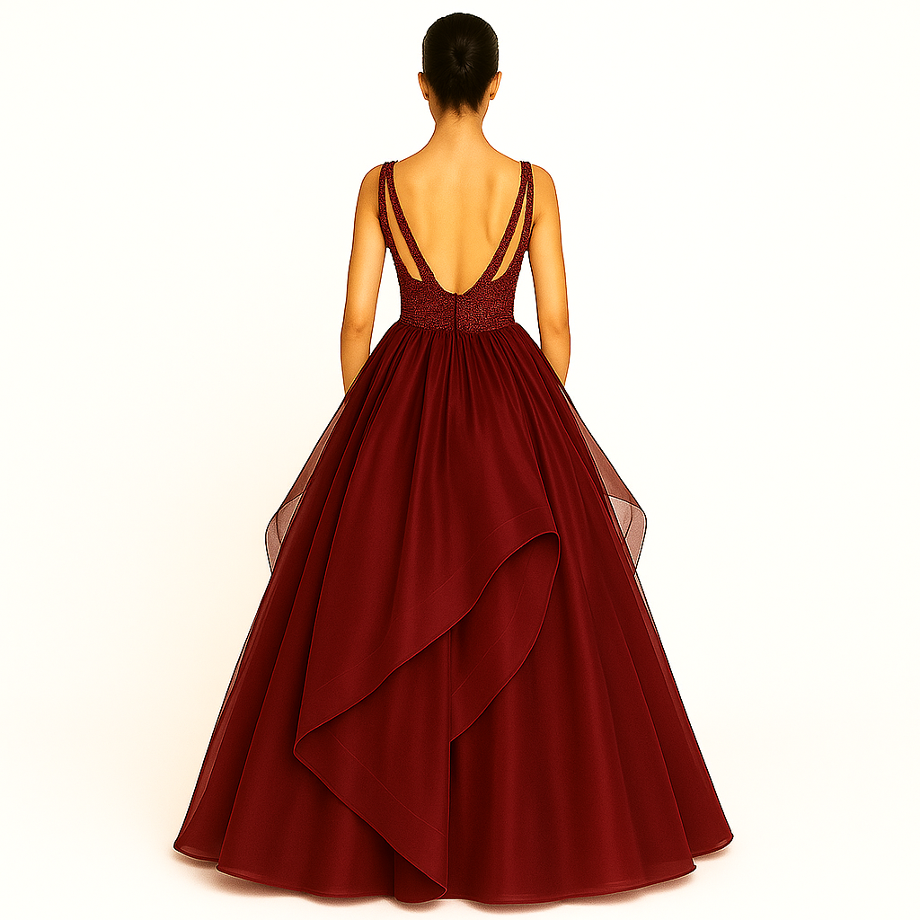 Elegant Women Embellished Sequined Boat Neck Net Fit & Flare Maxi Dress – Party & Evening Gown maroon