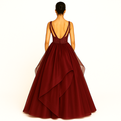 Elegant Women Embellished Sequined Boat Neck Net Fit & Flare Maxi Dress – Party & Evening Gown maroon