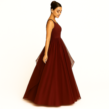 Elegant Women Embellished Sequined Boat Neck Net Fit & Flare Maxi Dress – Party & Evening Gown maroon