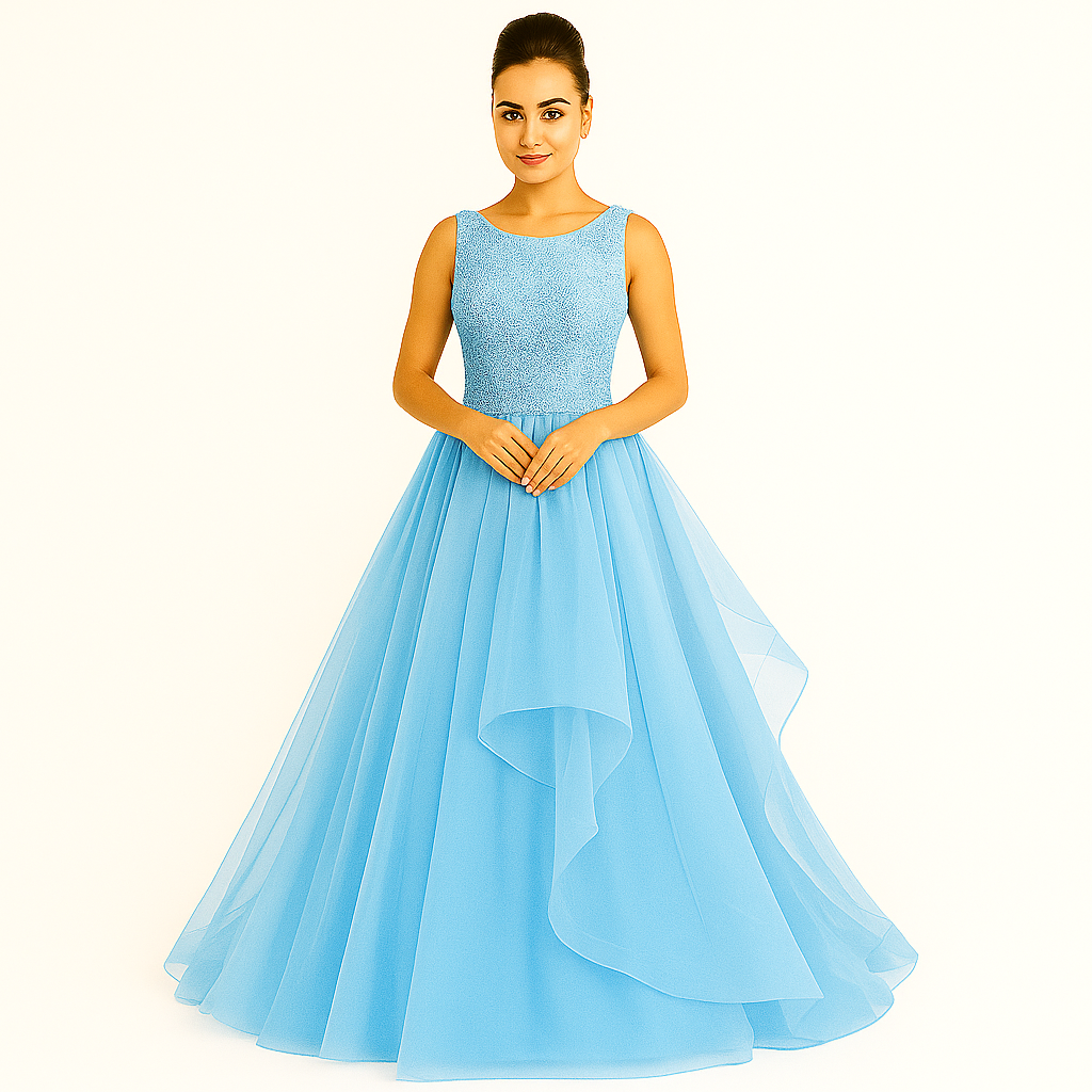 Elegant Women Embellished Sequined Boat Neck Net Fit & Flare Maxi Dress – Party & Evening Gown sky blue