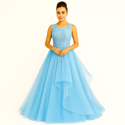 Elegant Women Embellished Sequined Boat Neck Net Fit & Flare Maxi Dress – Party & Evening Gown sky blue