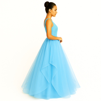 Elegant Women Embellished Sequined Boat Neck Net Fit & Flare Maxi Dress – Party & Evening Gown sky blue