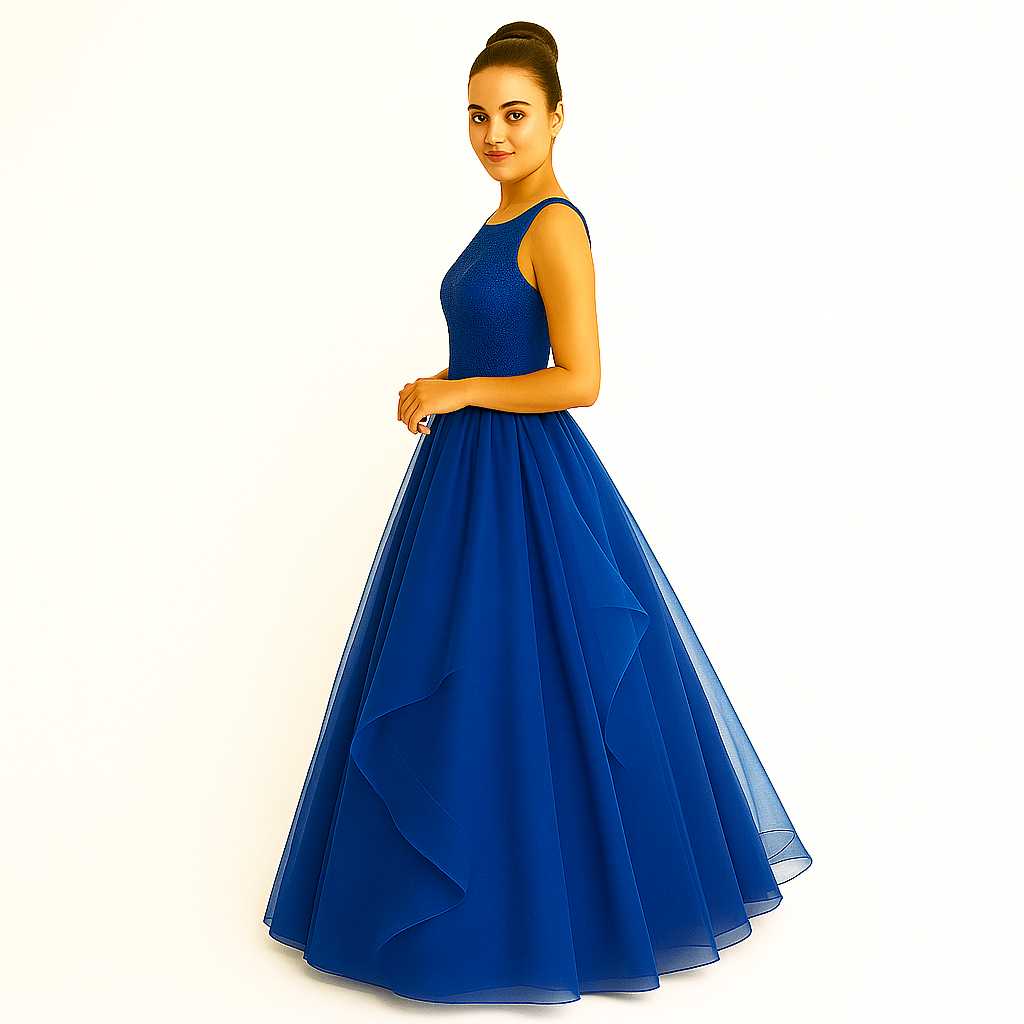 Elegant Women Embellished Sequined Boat Neck Net Fit & Flare Maxi Dress – Party & Evening Gown blue