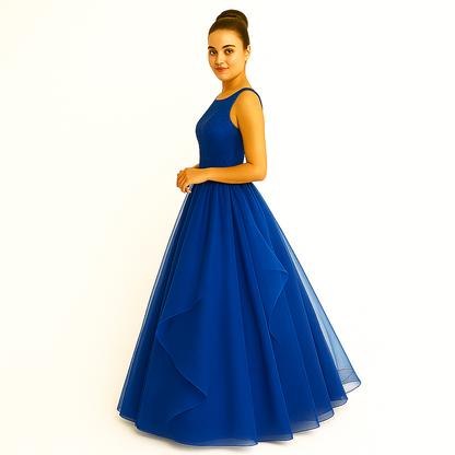 Elegant Women Embellished Sequined Boat Neck Net Fit & Flare Maxi Dress – Party & Evening Gown blue