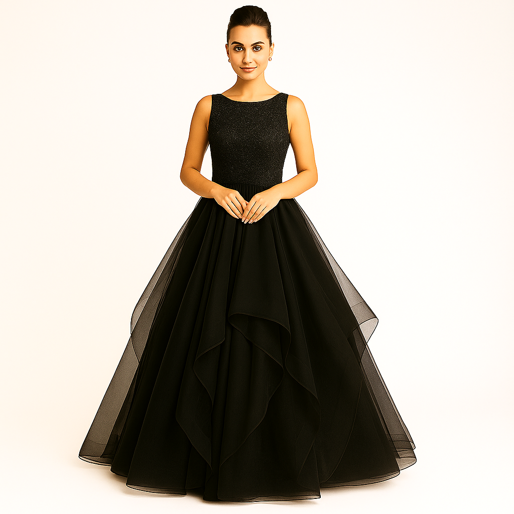Elegant Women Embellished Sequined Boat Neck Net Fit & Flare Maxi Dress – Party & Evening Gown black