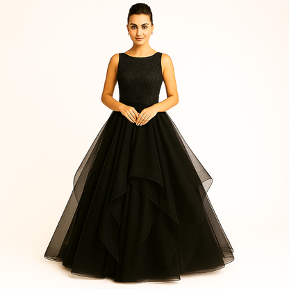 Elegant Women Embellished Sequined Boat Neck Net Fit & Flare Maxi Dress – Party & Evening Gown black