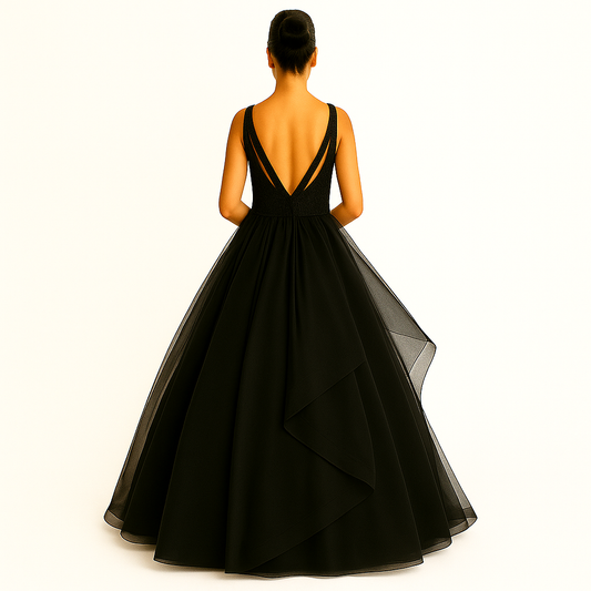 Elegant Women Embellished Sequined Boat Neck Net Fit & Flare Maxi Dress – Party & Evening Gown black