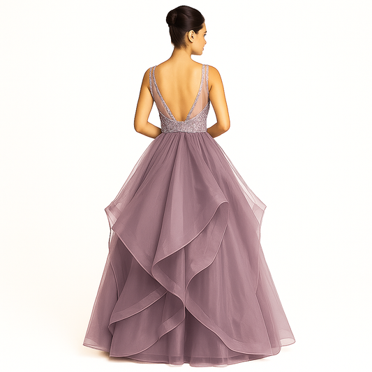 Elegant Women Embellished Sequined Boat Neck Net Fit & Flare Maxi Dress – Party & Evening monochrome Gown